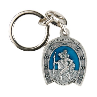Porte cl-eacute-s de saint Christophe H- 3 cm forme de fer -agrave- cheval en m-eacute-tal -eacute-maill-eacute- bleu-