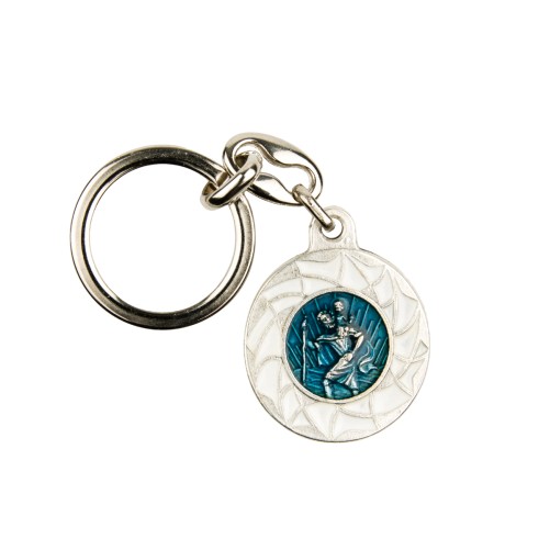Porte-clés de saint Christophe Ø 3,6 cm en métal émaillé bleu et blanc.