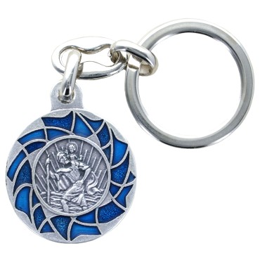 Porte-clés de saint Christophe Ø 3,6 cm en métal émaillé bleu et blanc.