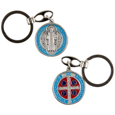 Porte-clés de Saint Benoît en métal, émaillé bleu – Ø 3,3 cm