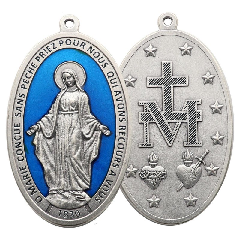 Médaille plaque de porte en métal et résine bleue de la Vierge Miraculeuse 10.5 cm.