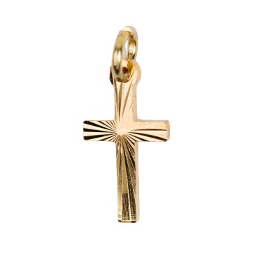 Croix de cou striee en metal couleur doree H. 1,5 cm.