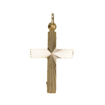 Croix de cou striee en metal couleur doree H. 2,5 cm.