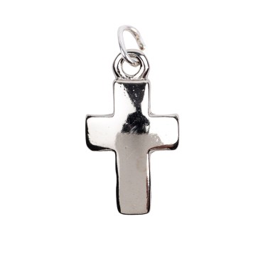 Croix de cou bombee en metal couleur argentee  H. 1,5 cm.