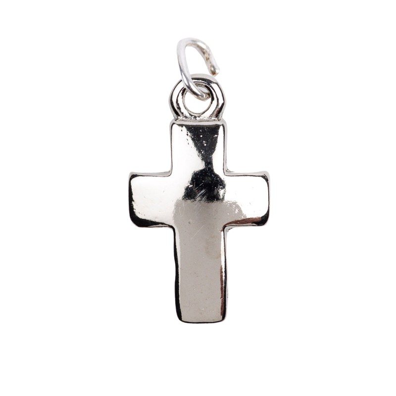 Croix de cou bombee en metal couleur argentee  H. 1,5 cm.