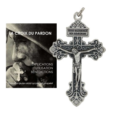 Croix en metal du Pardon Americaine texte en Francais avec notice.