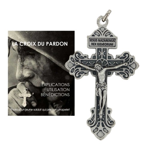 Croix en metal du Pardon Americaine texte en Francais avec notice.