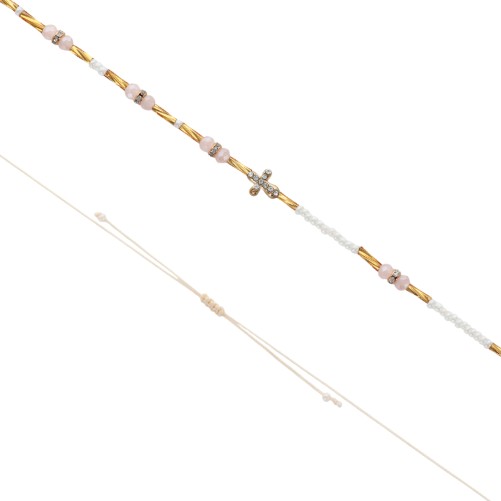 Collier de couleur dorée sur corde réglable, croix avec strass. LOT DE 5 COULEURS ASSORTIES.
