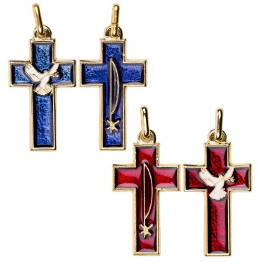 Croix de cou double face Colombe / PAX, en métal doré, émaillée 2 couleurs – Hauteur 3,5 cm