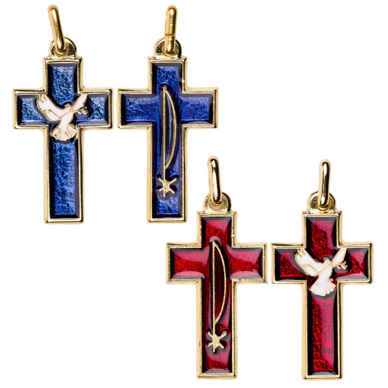 Croix de cou double face Colombe / PAX, en métal doré, émaillée 2 couleurs – Hauteur 3,5 cm