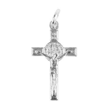 Croix de cou de saint Benoit en métal couleur argentée, hauteur 2,5 cm.