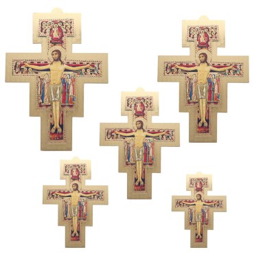 Croix de Saint François en bois, image dorée collée, disponibles en différentes tailles.