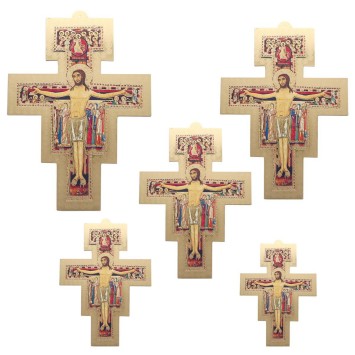 Croix de Saint François en bois, image dorée collée, disponibles en différentes tailles.