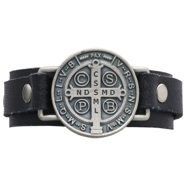 Bracelet en cuir noir pour homme, ajustable, avec médaille de saint Benoît en argent vieilli. Longueur : 22 cm.