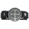 Bracelet en cuir noir pour homme, ajustable, avec médaille de saint Benoît en argent vieilli. Longueur : 22 cm.
