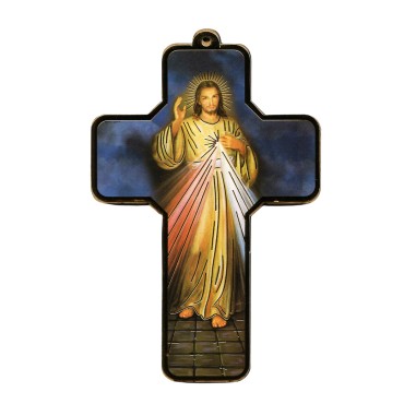 Croix du Christ Miséricordieux en bois compressé, image redorée collée, H. 12 cm.