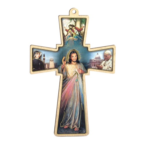 Croix en relief du Christ Miséricordieux en bois compressé, avec image collée – Hauteur 13,5 cm