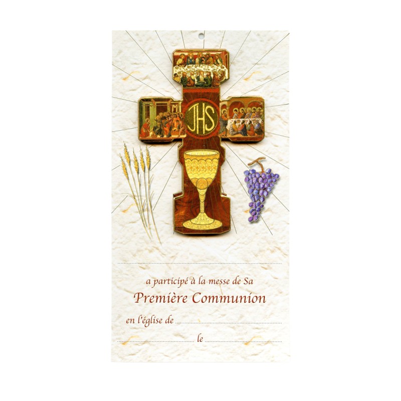 Ensemble croix de communion pour enfant en bois compresse 12 cm avec carte certificat.
