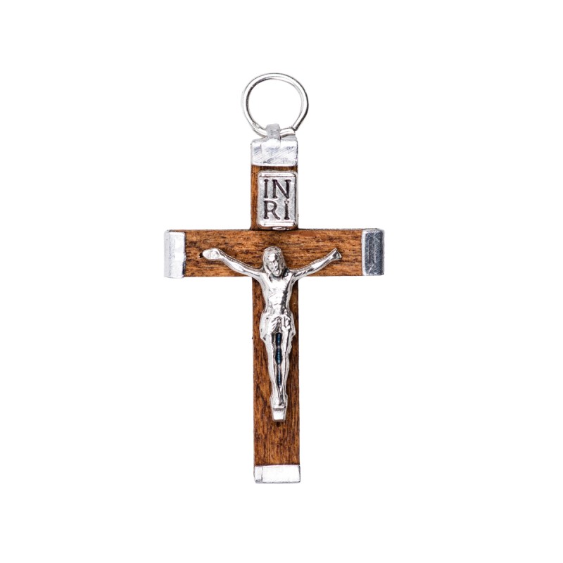 Croix de cou en bois sertie de métal avec Christ couleur argentée H. 3,5 cm