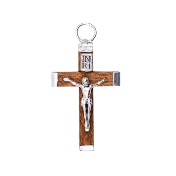 Croix de cou en bois sertie de métal avec Christ couleur argentée H. 3,5 cm