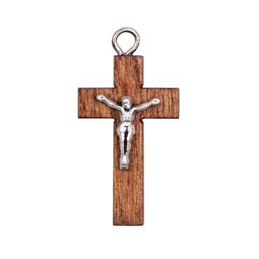 Croix de cou en bois de couleur avec Christ metal couleur argentee H. 2,5 cm.