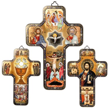 Croix icone en bois avec surimpression en relief doree/argentee 12x18 cm, plusieurs saints