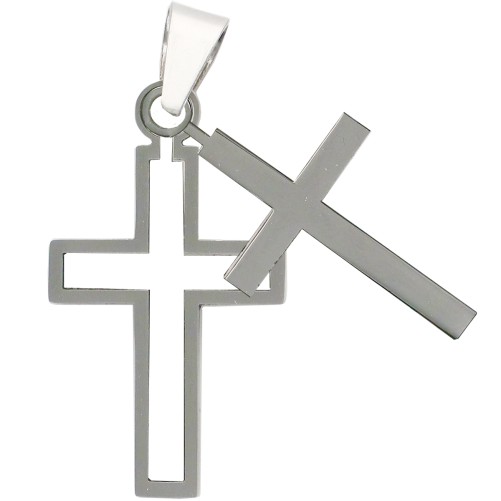 Croix de cou double croix encastrable de couleur argentee en acier inoxydable. H 2.8 cm.