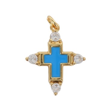 Croix de cou avec centre emaille, doree superieur avec zircon cubique, hauteur 2 cm. Plusieurs couleurs.