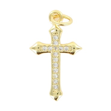 Croix de cou en metal couleur doree avec zirconium serti H. 1,7 cm.