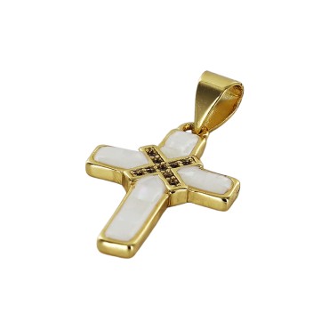 Croix de cou en nacre avec zirconium sertie sur metal couleur doree H. 2 cm.