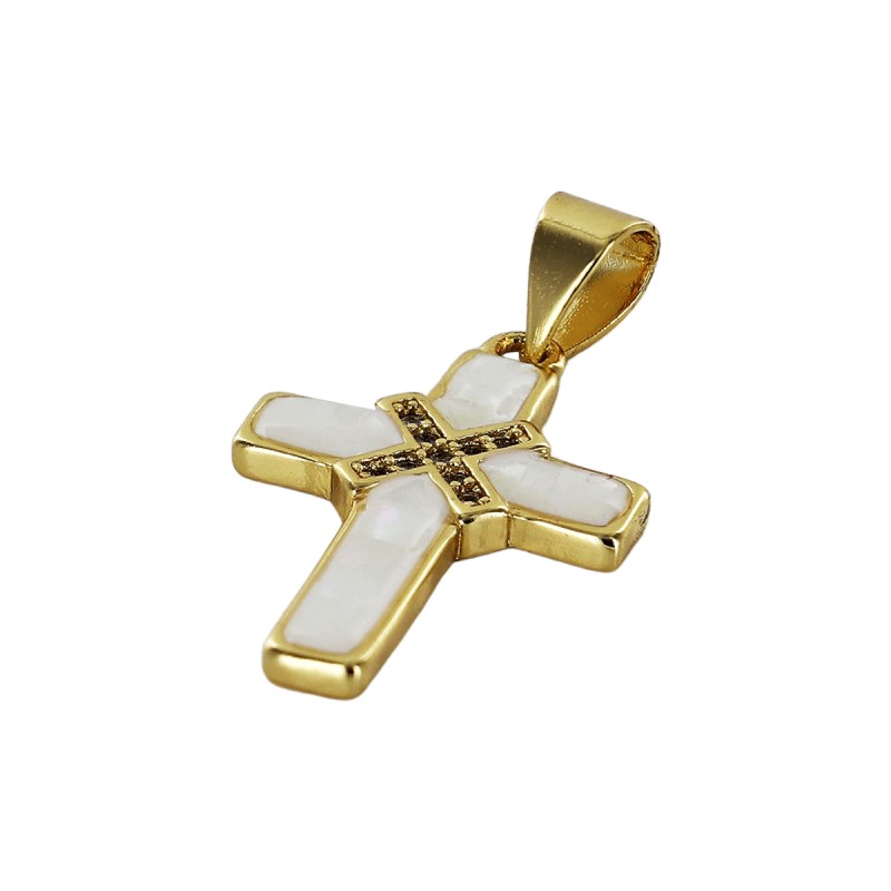 Croix de cou en nacre avec zirconium sertie sur metal couleur doree H. 2 cm.