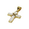 Croix de cou en nacre avec zirconium sertie sur metal couleur doree H. 2 cm.