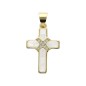 Croix de cou en nacre avec zirconium sertie sur metal couleur doree H. 2 cm.