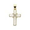 Croix de cou en nacre avec zirconium sertie sur metal couleur doree H. 2 cm.