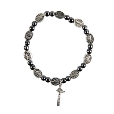 Bracelet dizainier sur elastique avec medailles de saint Benoit et grains en hematite, Ø 7 mm, avec croix de St Benoit.