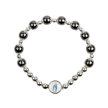 Bracelet dizainier sur élastique grains en hématite Ø 8 mm et coupelles couleur argentée, à personnaliser avec une résine.