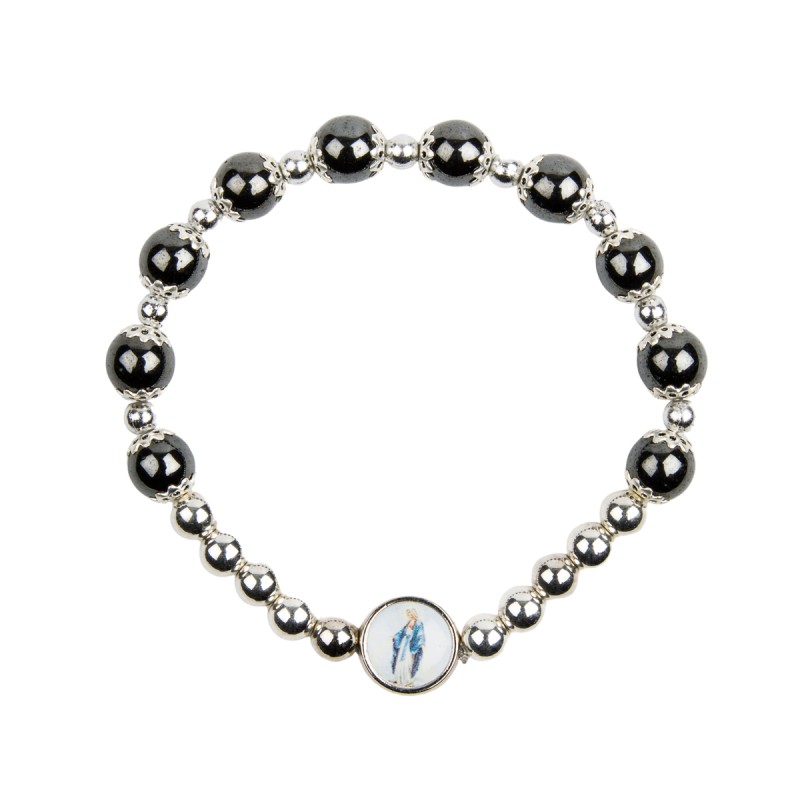 Bracelet dizainier sur élastique grains en hématite Ø 8 mm et coupelles couleur argentée, à personnaliser avec une résine.