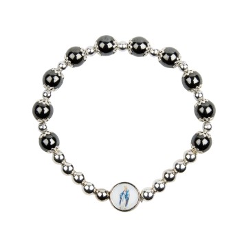 Bracelet dizainier sur élastique grains en hématite Ø 8 mm et coupelles couleur argentée, à personnaliser avec une résine.