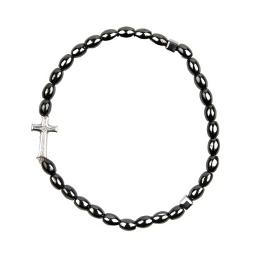 Bracelet sur élastique grains ovales hématite, Ø 4 mm, avec croix. Taille Homme