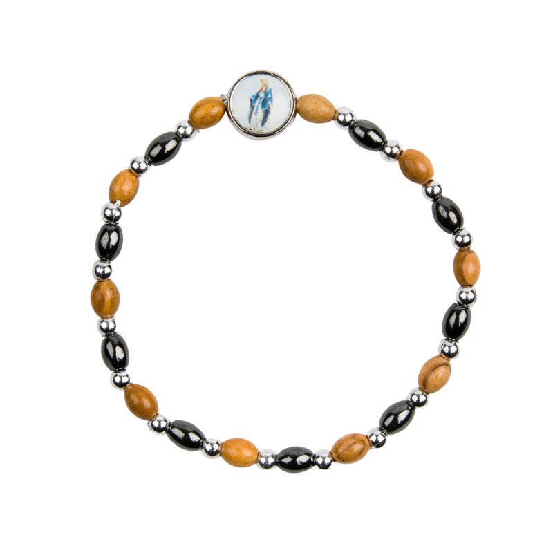 Bracelet dizainier sur elastique grains bois d olivier et hematite Ø 6 mm, a personnaliser avec une resine.