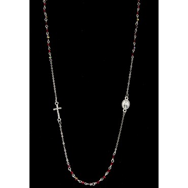 Collier chaine couleur argentee L. 50 cm avec croix et medaille V.Miraculeuse, grains semi cristal Ø 3 mm, livre boite.