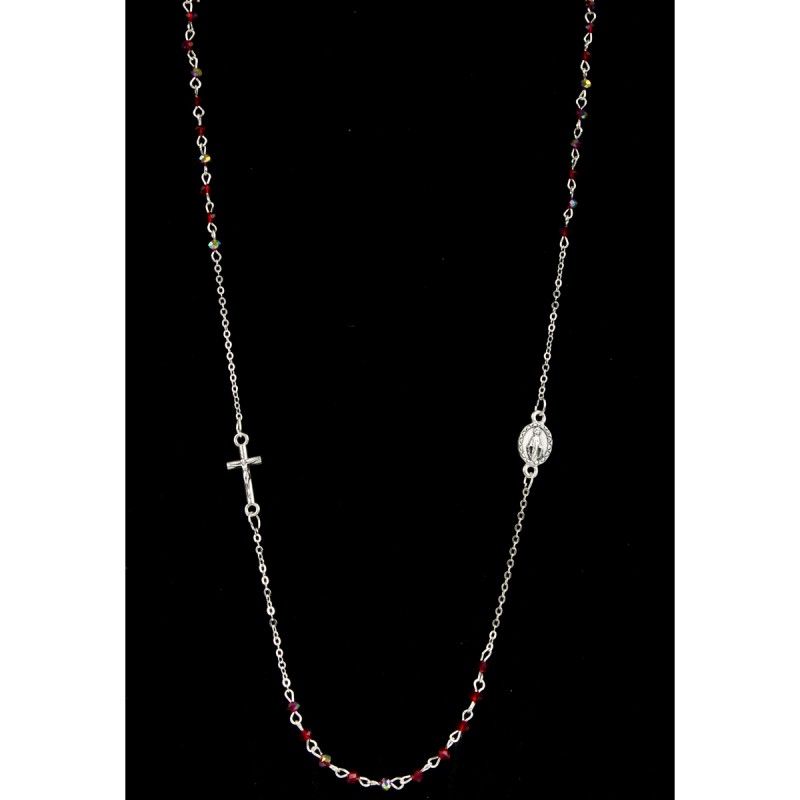 Collier chaine couleur argentee L. 50 cm avec croix et medaille V.Miraculeuse, grains semi cristal Ø 3 mm, livre boite.