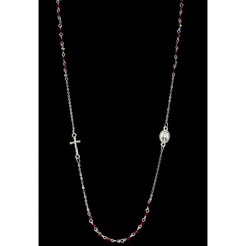 Collier chaine couleur argentee L. 50 cm avec croix et medaille V.Miraculeuse, grains semi cristal Ø 3 mm, livre boite.
