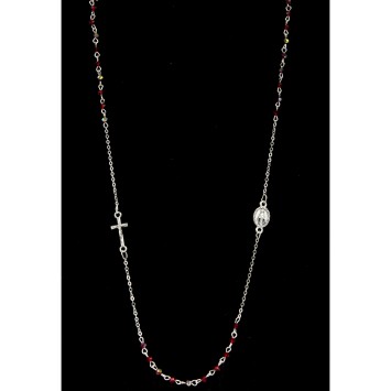 Collier chaine couleur argentee L. 50 cm avec croix et medaille V.Miraculeuse, grains semi cristal Ø 3 mm, livre boite.