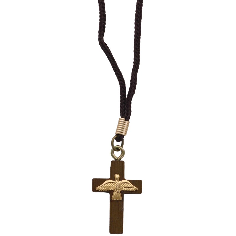 Croix de cou en bois, avec l’Esprit Saint doré. Hauteur : 3 cm, cordon de 30 cm.