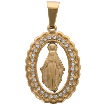 Medaille ovale de la Vierge Miraculeuse couleur doree en acier inoxydable avec strass H. 2,4 cm