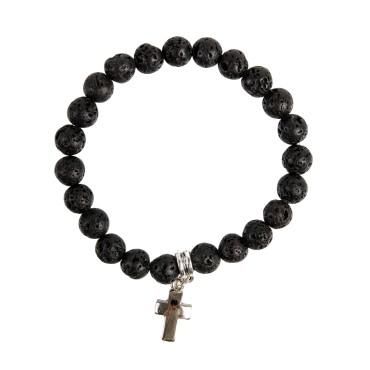 Bracelet sur elastique grains en pierre de lave naturelle Ø 7 mm avec croix metal.