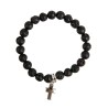 Bracelet sur elastique grains en pierre de lave naturelle Ø 7 mm avec croix metal.