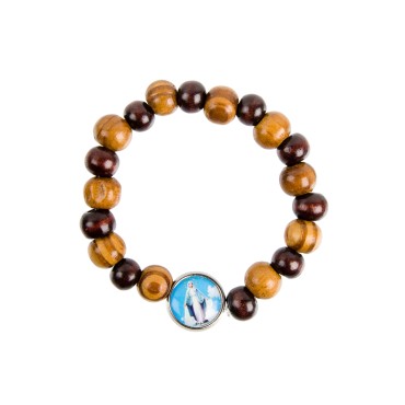 Bracelet sur élastique pour enfant, grains bois clair et fonce Ø 7 mm, avec médaille résine de la Vierge Miraculeuse