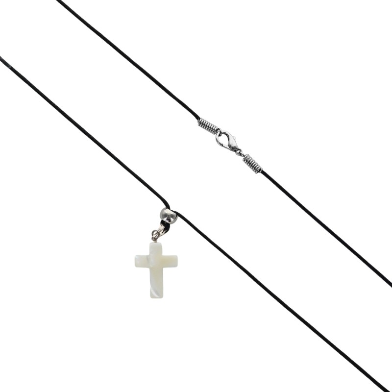 Croix de cou en nacre, H 2 cm sur cordon avec fermoir.